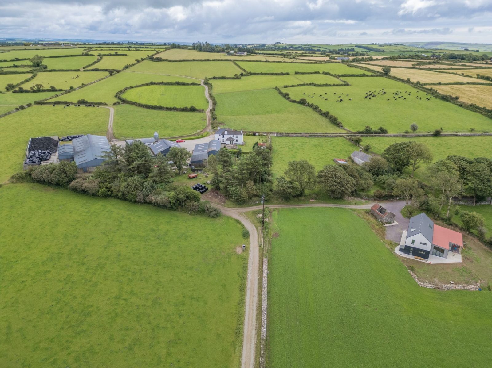Drone shot of West Cork Farm with farmhouse in foreground